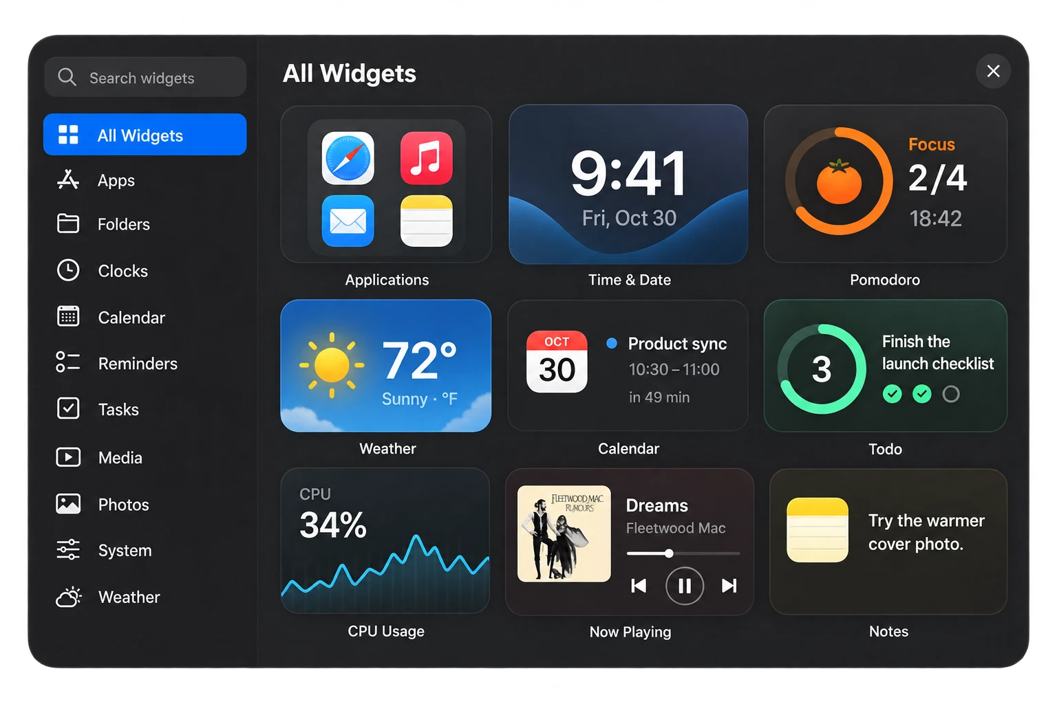 An illustrative widget library with populated clocks, focus timer, weather, calendar, tasks, CPU activity, music, and notes.