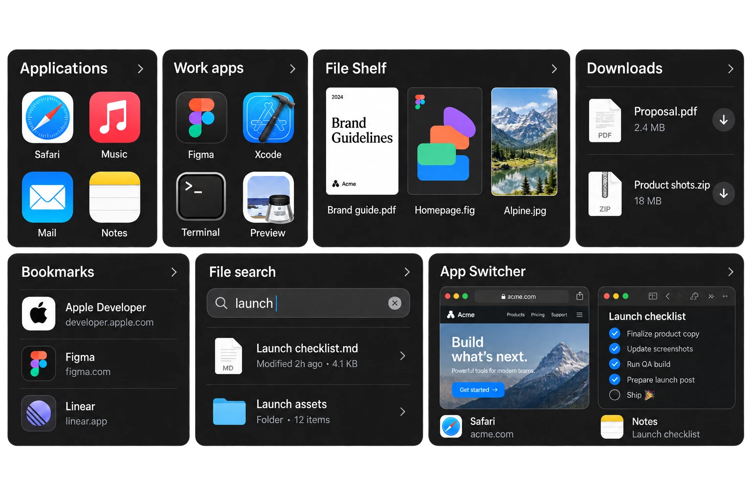 Populated app grids, named files and downloads, saved bookmarks, a launch file search, and Safari and Notes window previews.